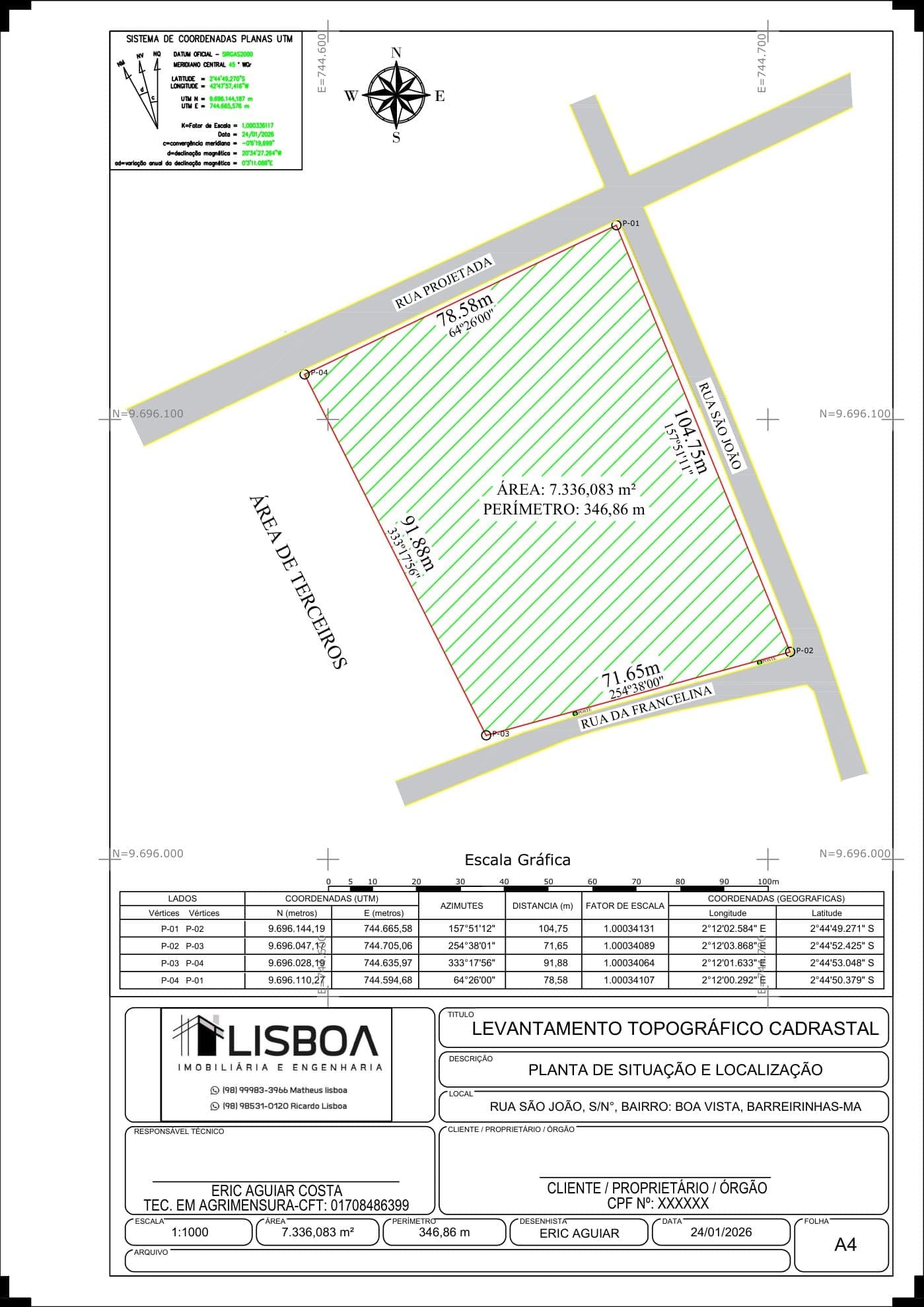 Levantamento topográfico do terreno, com a poligonal, as coordenadas e o carimbo do responsável técnico
